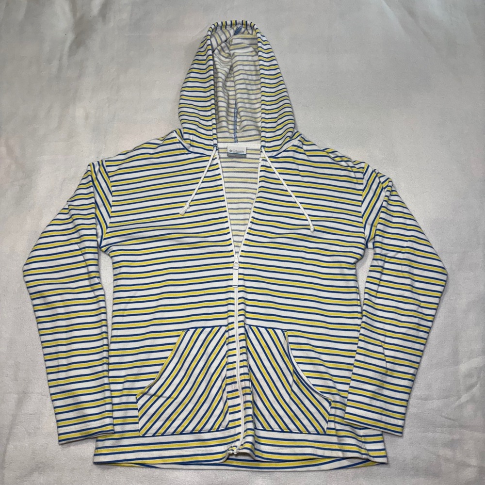 Columbia PFG Womens Medium Striped Full Zip Hoodie Yellow Blue White Jacket